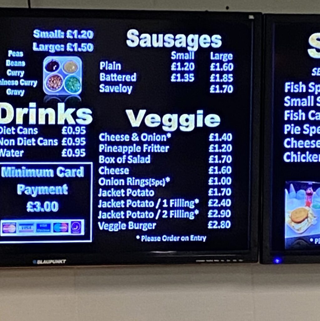 Oakham fish bar menu - drinks, sausages and veggie